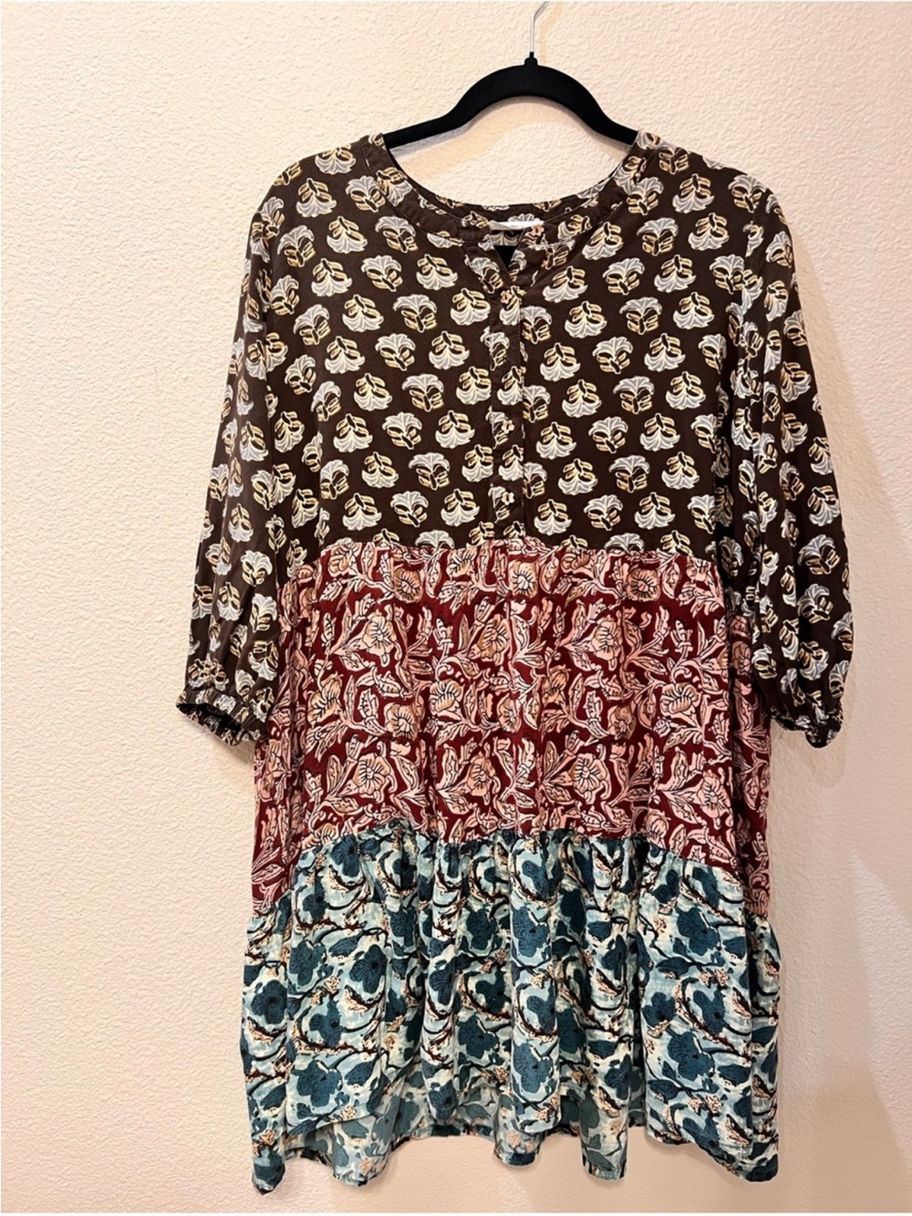 NATURAL LIFE Brown, Red & Teal Tiered mixed Floral Midi Dress